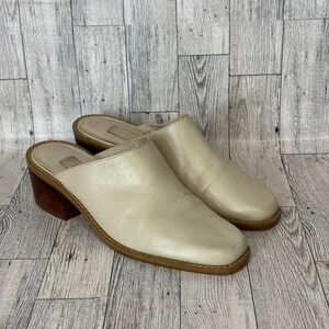 Vtg Connie Women's 5.5 M Cream Leather Mules Square Toe Block Heel Slip On Shoes